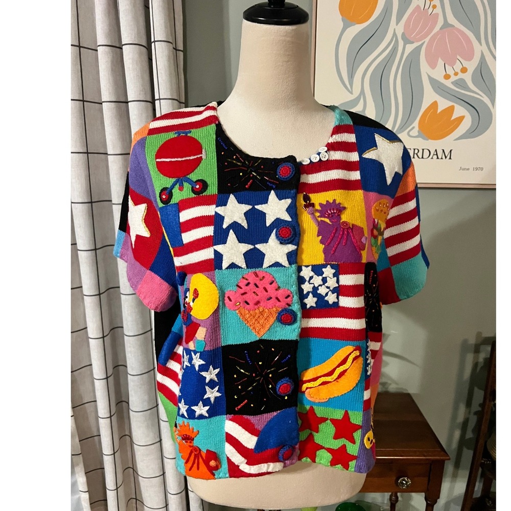 Michael Simon Vintage 1998 Americana Knit Cardigan XL 4th of July BBQ Patriotic